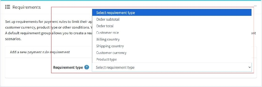 smart payment rules manager requirements type drop-down